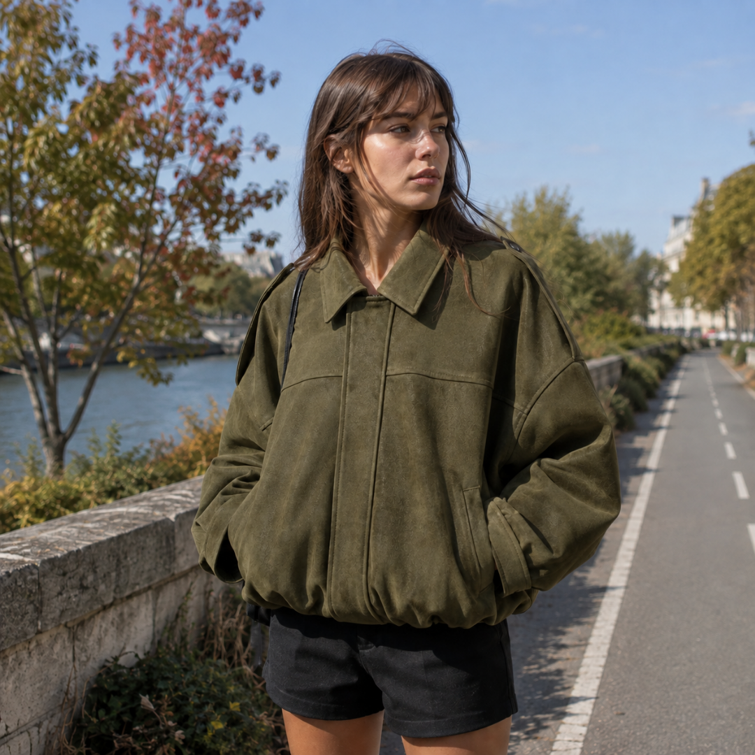 Bomber femme vert armée avec poches à ouverture verticale et col chemise ouvert