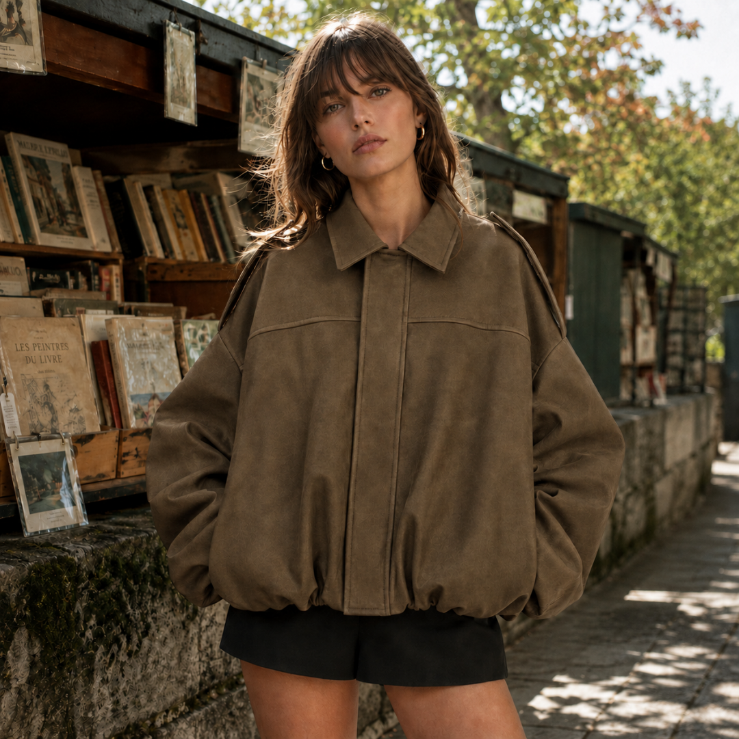 Bomber femme vert marron oversize, col chemise net et bas resserré froncé