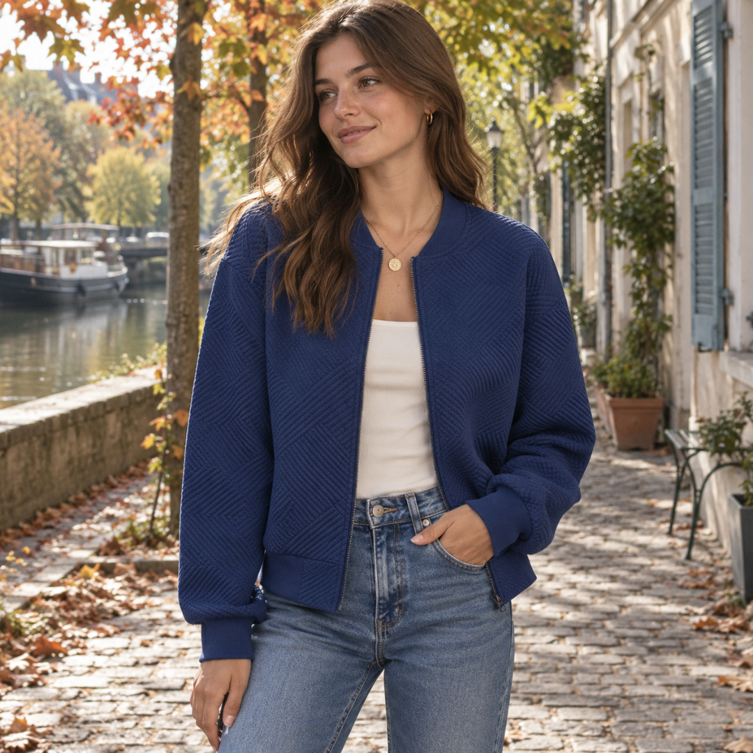 Bomber bleu marine femme en maille texturée, col côtelé et zip ouvert