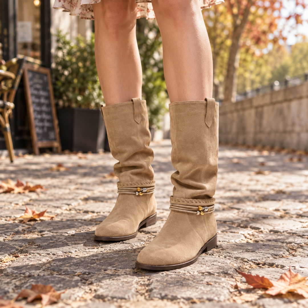 Bottes femme beige à bout rond et lanières ornées de perles dorées