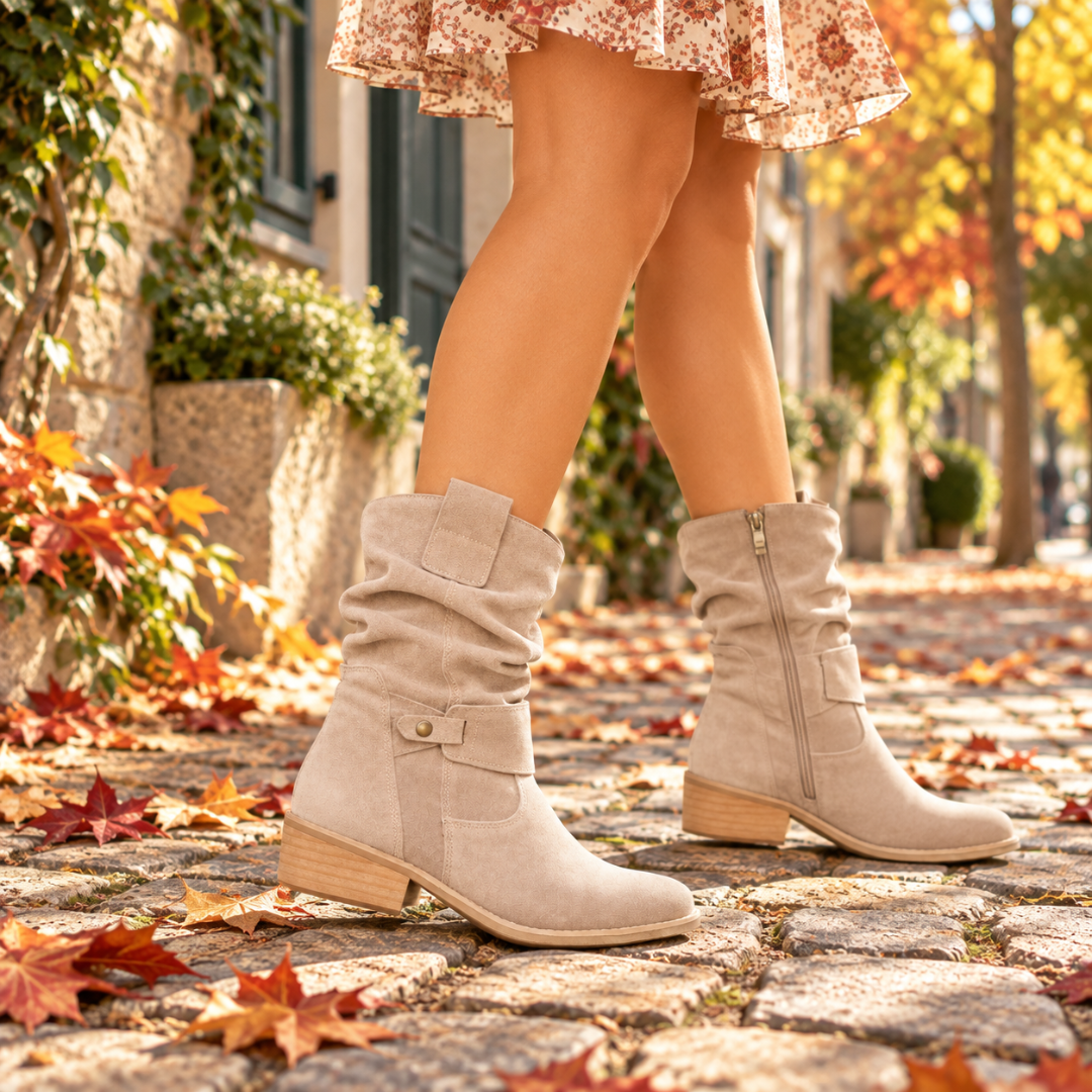 Bottes femme blanches en marche avec bout arrondi et semelle claire sur pavés