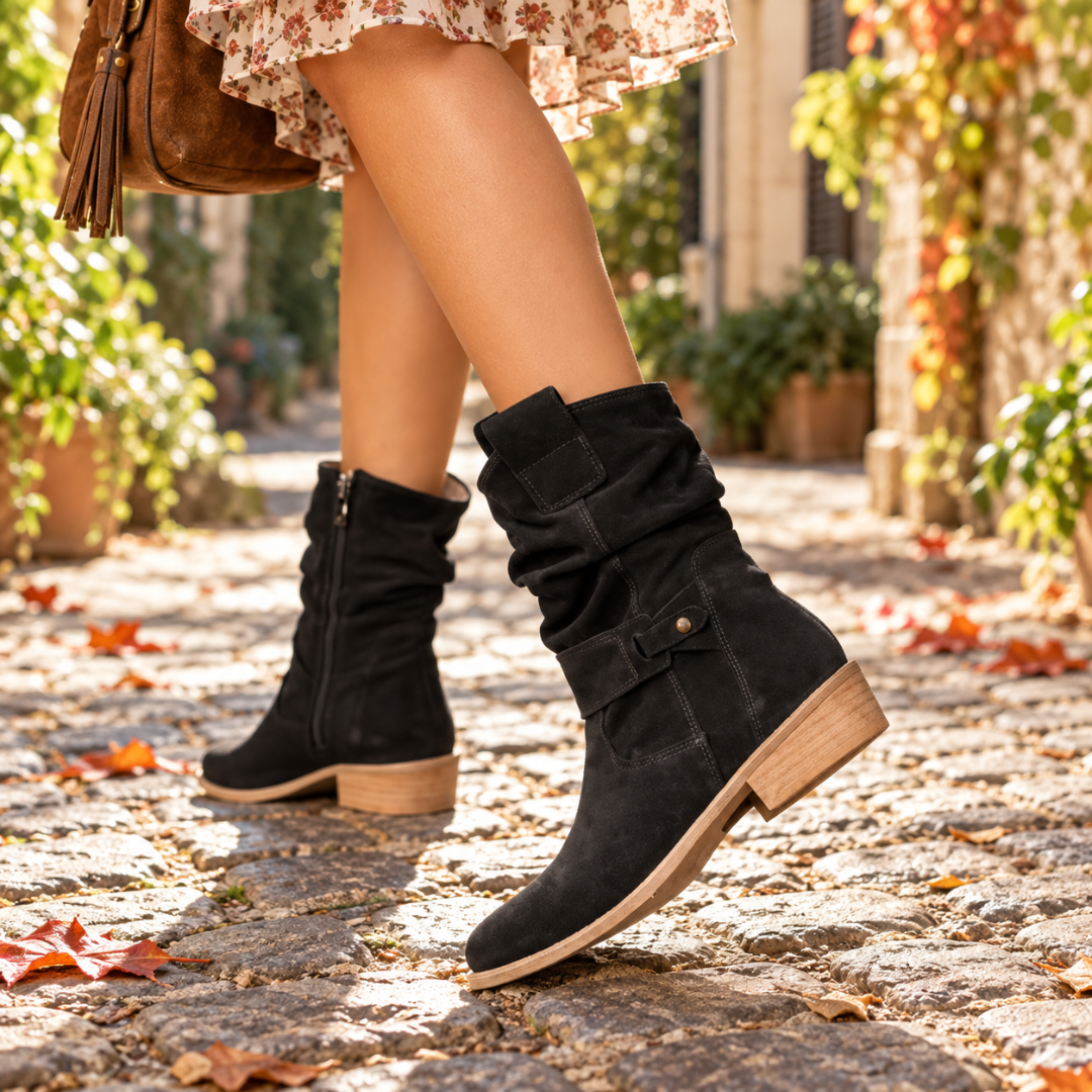 Bottes mi-mollet noires en mouvement avec tige froncée et semelle claire