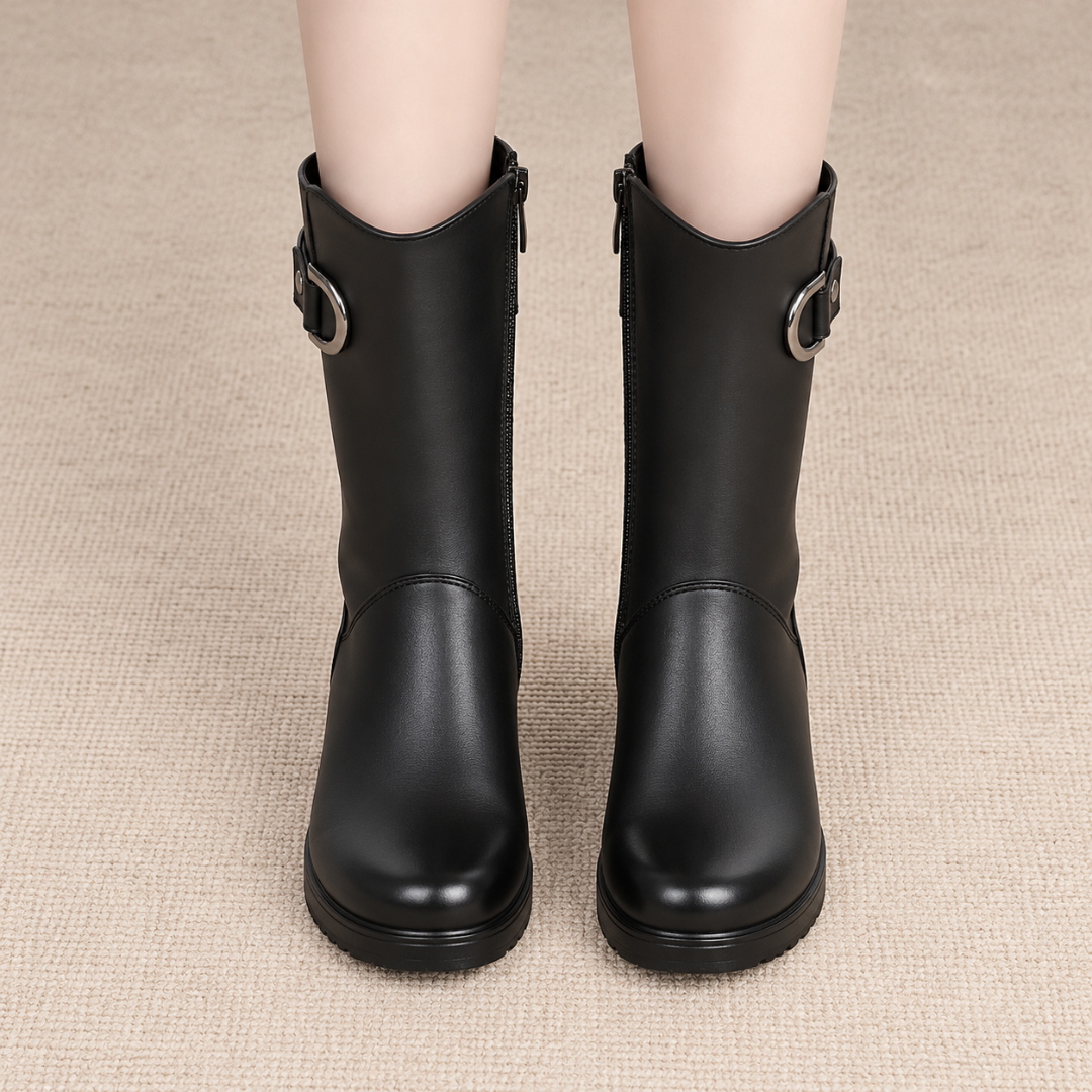 Bottes noires vues de face, boucles métalliques latérales et bout arrondi large