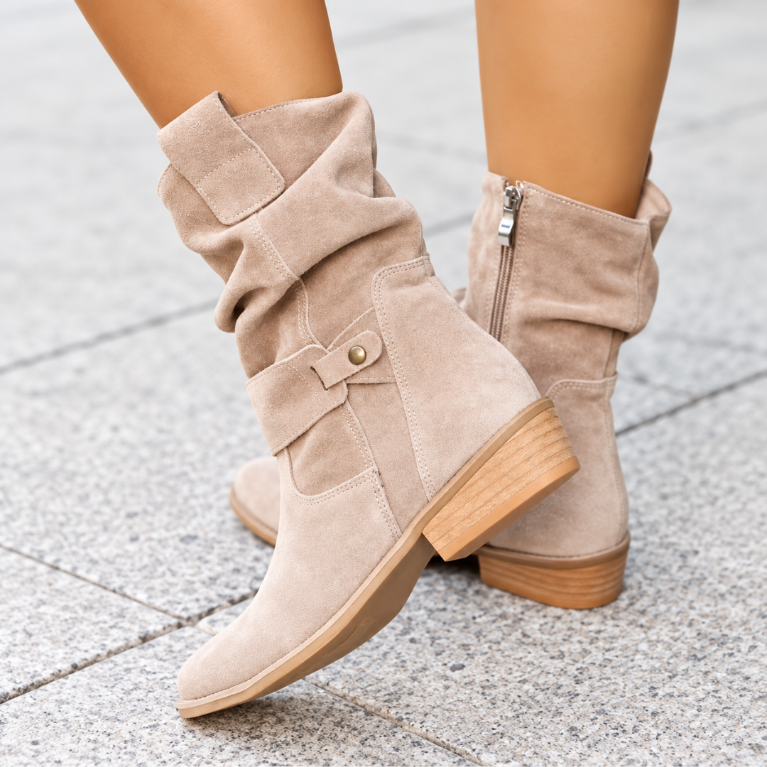 Bottes femme beige mi-mollet effet daim avec zip latéral et bride