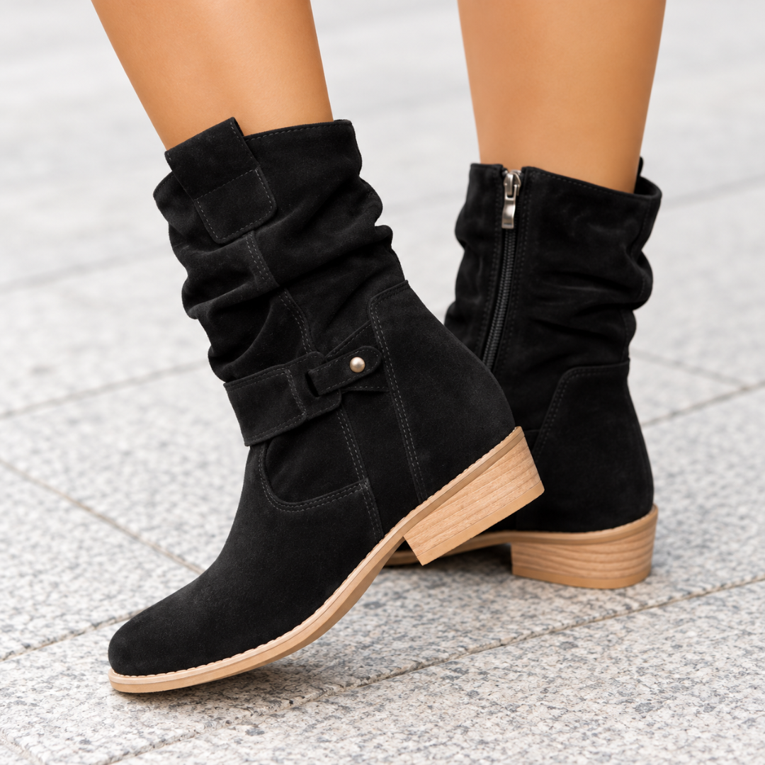 Bottes femme noires mi-mollet froncées, bride boutonnée et talon bloc clair