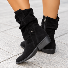 Bottes noires à tige froncée, zip latéral et talon bloc noir