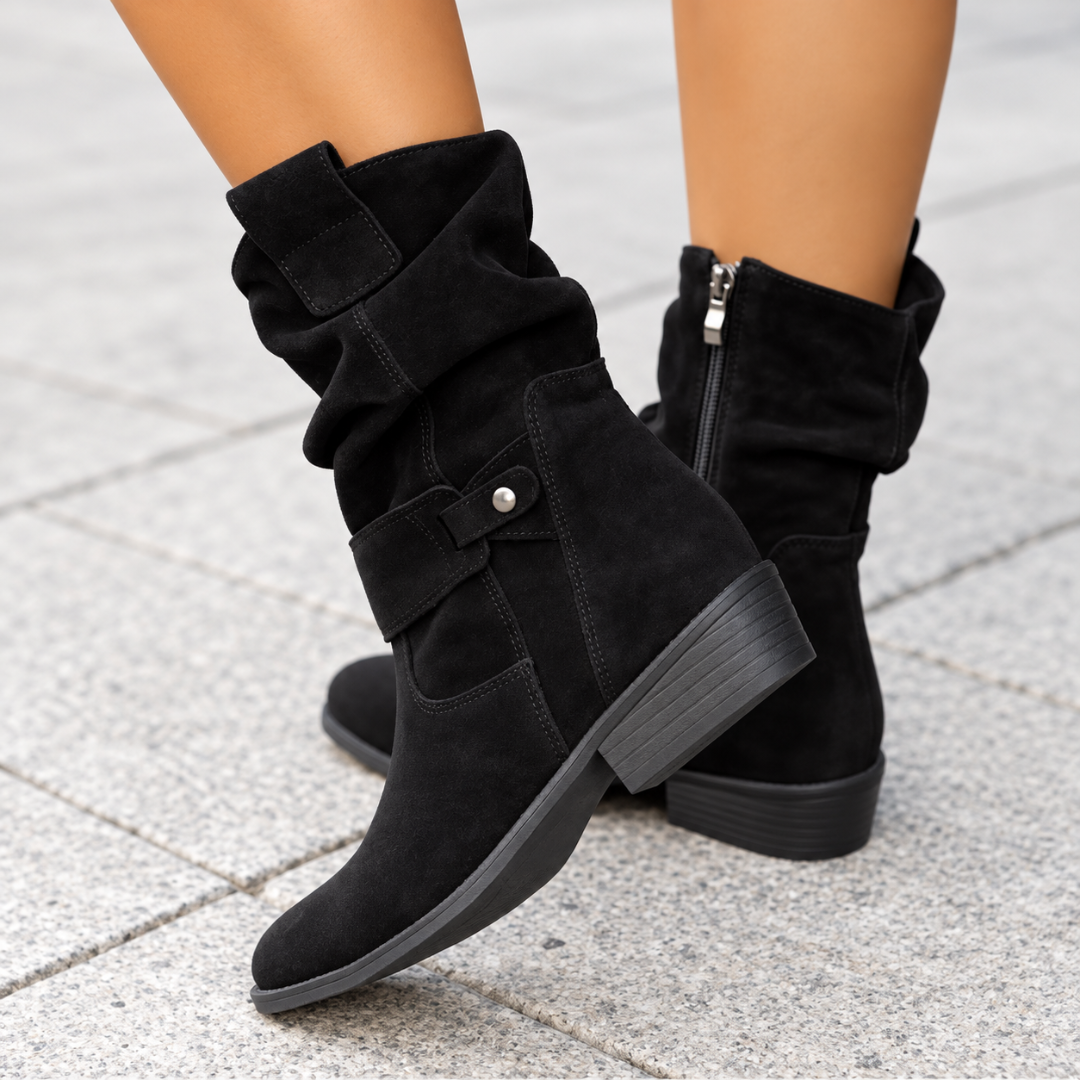 Bottes noires à tige froncée, zip latéral et talon bloc noir