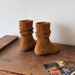 Vue arrière des bottes caramel montrant les fronces et la couture centrale