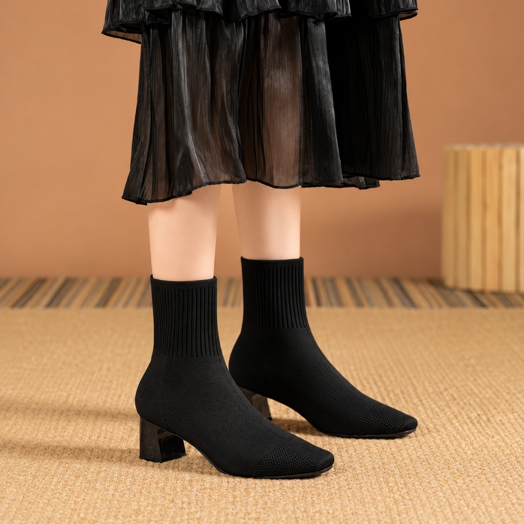 Bottines chaussette noires à talon bloc, bout carré et tige montante côtelée