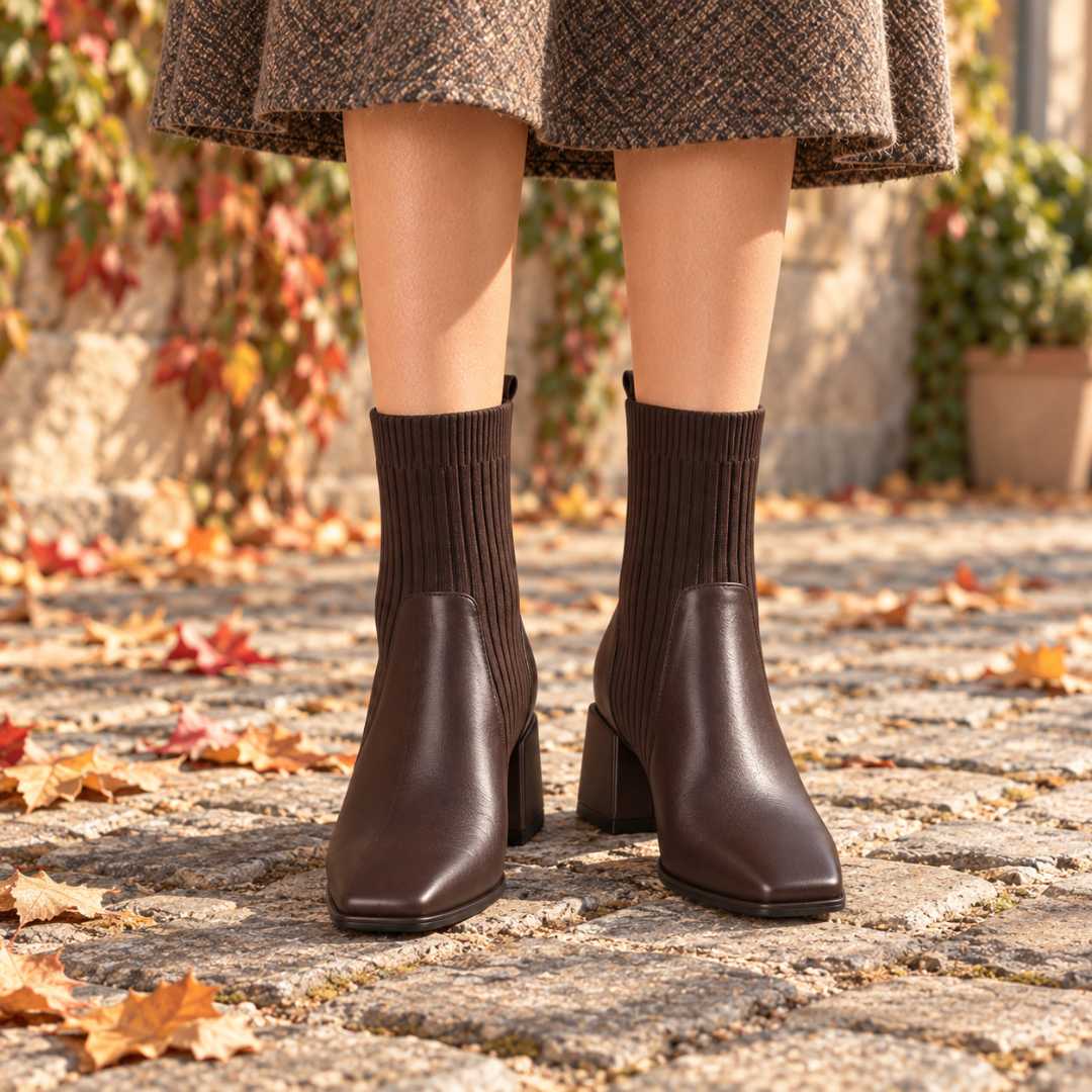 Bottines marron à tige côtelée façon chaussette et bout carré, portées sur pavés