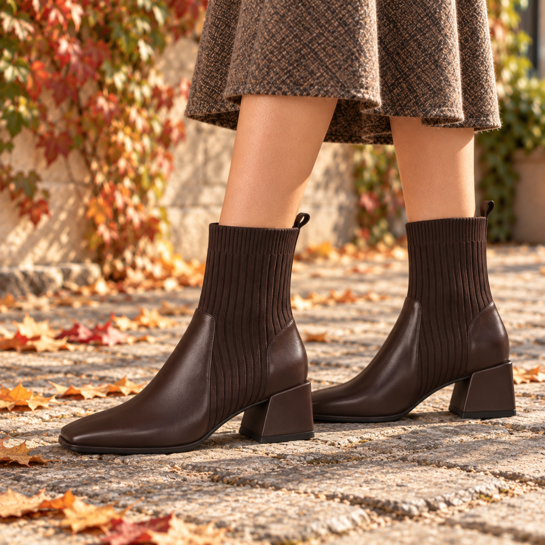 Bottines chaussettes marron vues de profil, talon bloc évasé et avant lisse