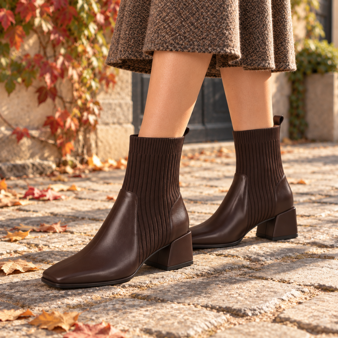 Bottines femme marron avec tige nervurée montant au-dessus de la cheville, bout carré