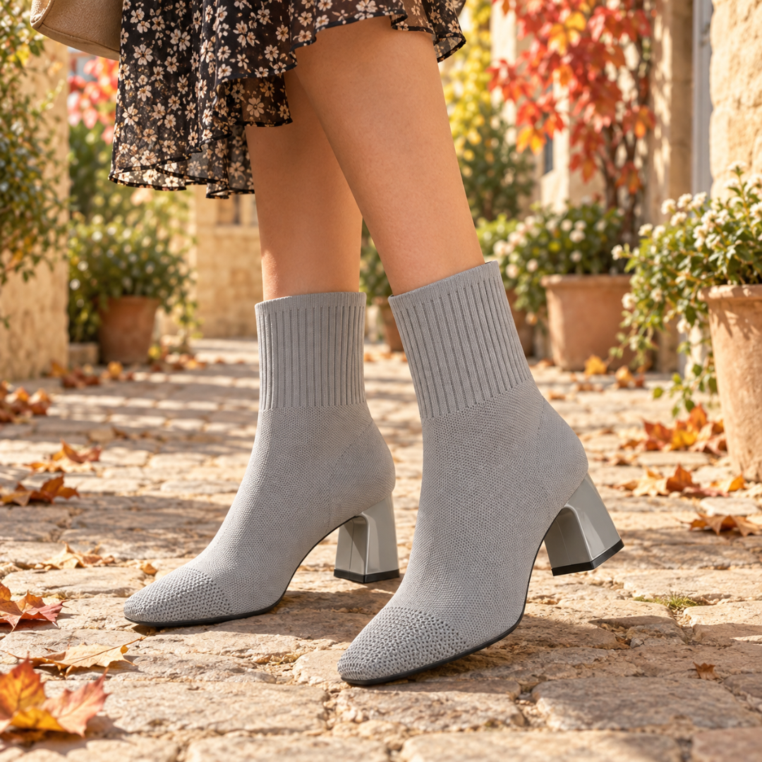 Bottines chaussettes grises en maille côtelée, talon bloc brillant sur sol pavé