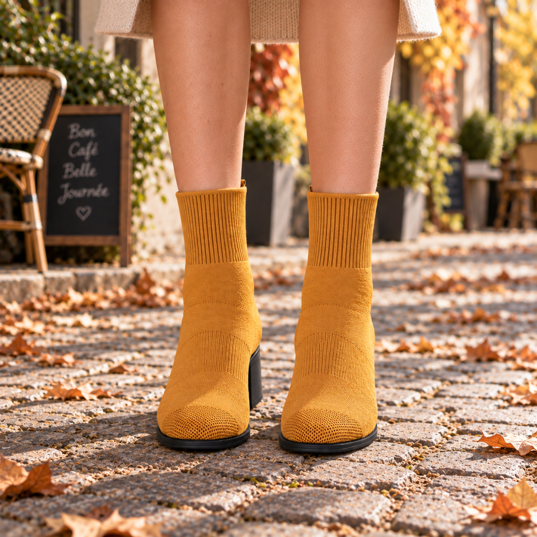 Bottines jaune moutarde vues de face, bout légèrement pointu et semelle noire