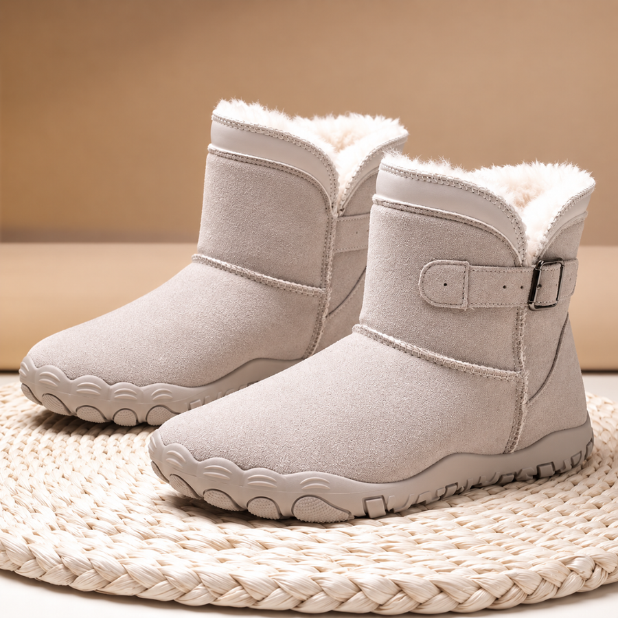 Bottines femme ivoire à col effet fourrure et bride à boucle latérale
