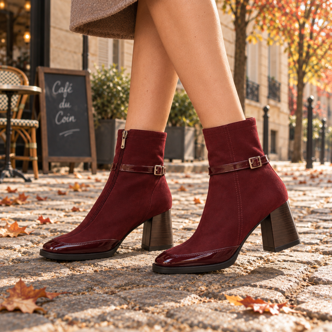 Bottines rouges à talon bloc et bout brillant contrasté, vue de trois quarts