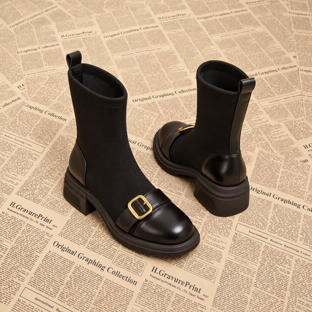 Bottines noires montantes à tige unie et empeigne lisse à boucle dorée