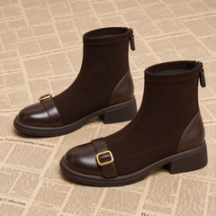 Paire de bottines femme marron à boucle dorée, bout rond et talon bloc