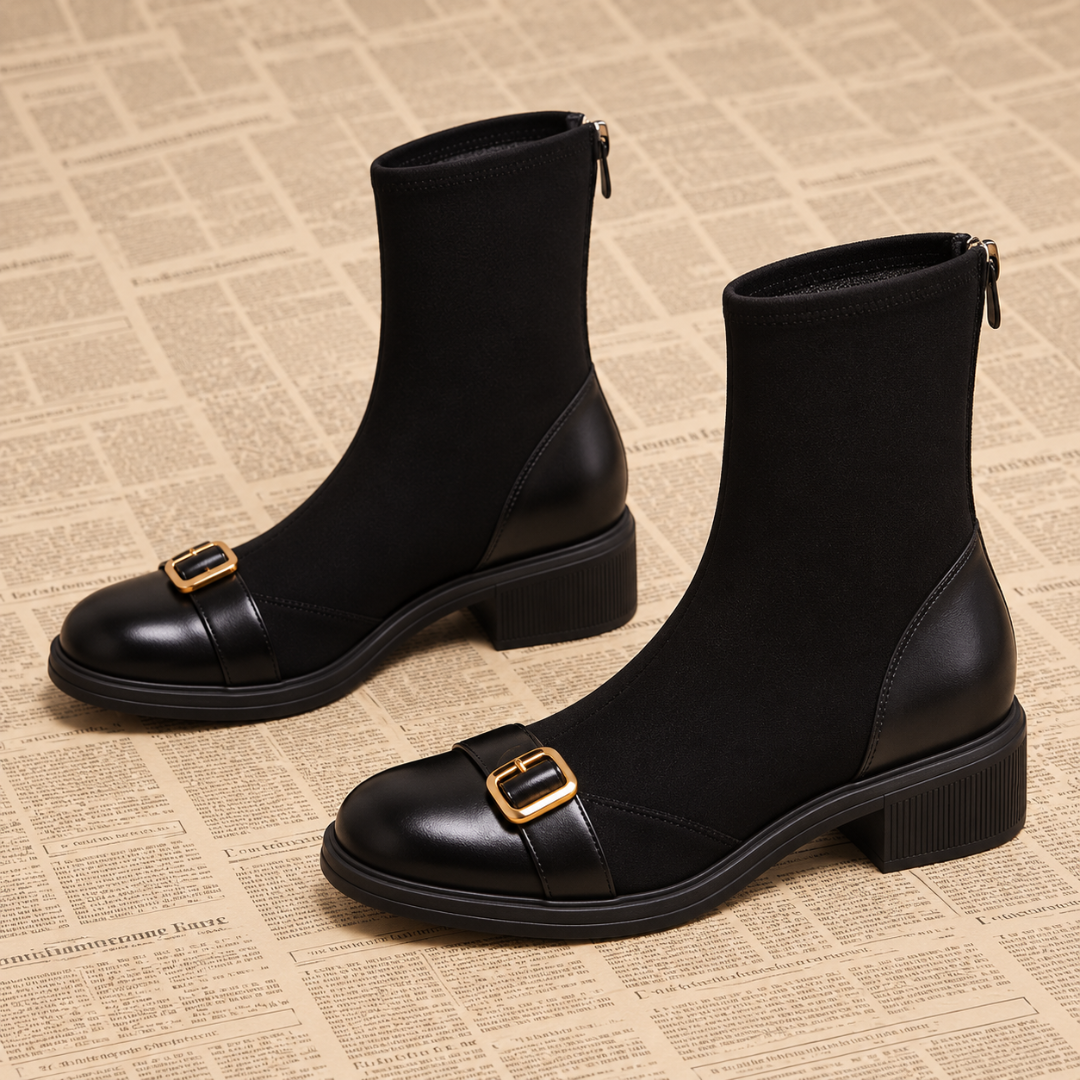 Paire de bottines noires à bride et boucle dorée sur le bout