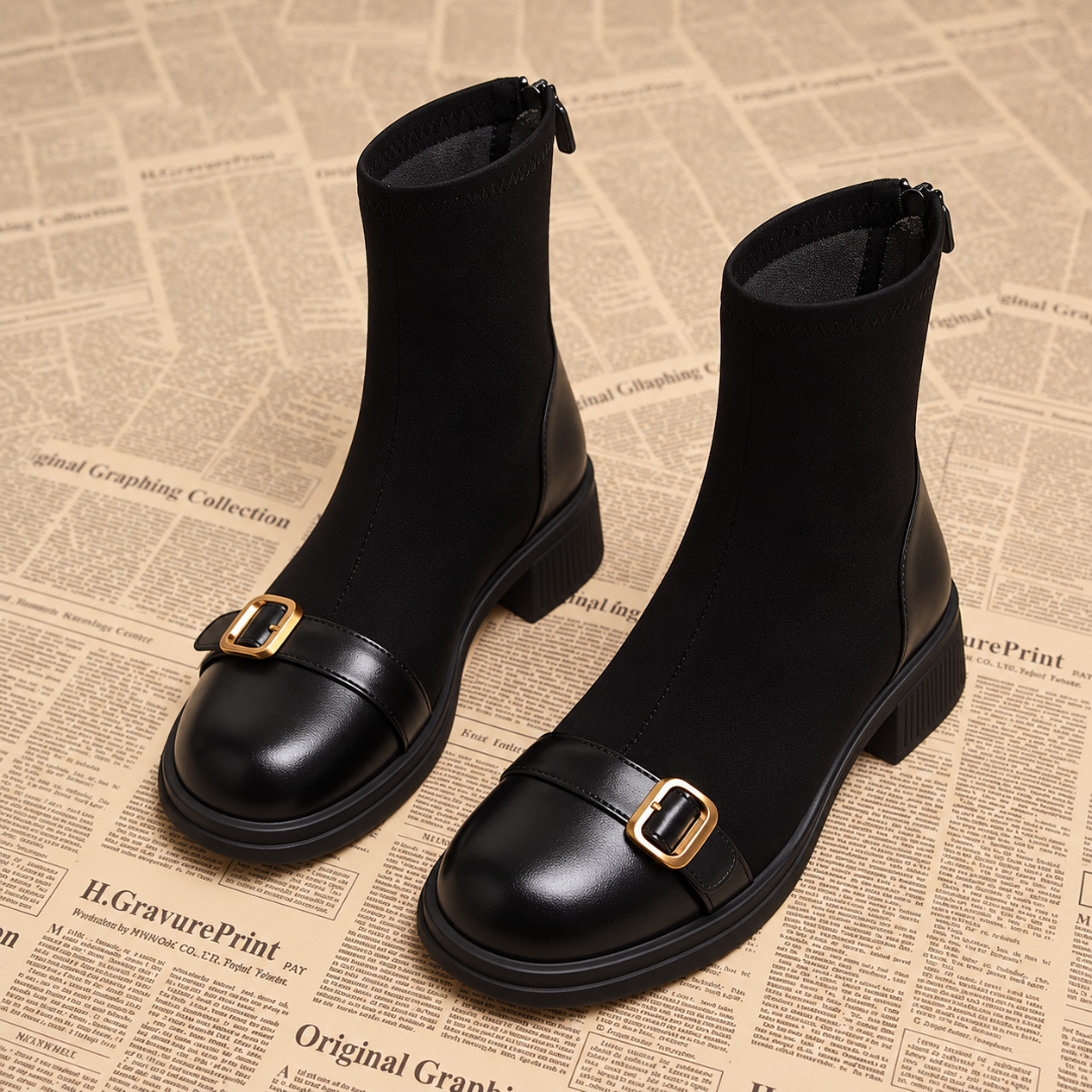 Bottines noires montantes avec boucle dorée et semelle à rainures