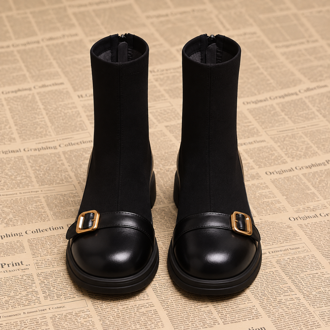 Vue de face des bottines noires, bouts ronds lisses et boucles dorées