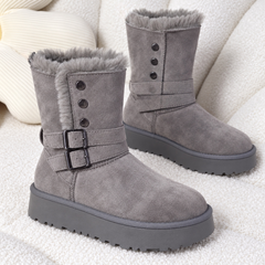 Bottines femme grises effet daim avec deux boucles noires et revers duveteux