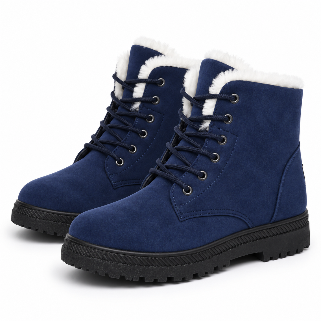 Bottines femme bleu foncé à lacets, œillets métalliques et col effet fourrure