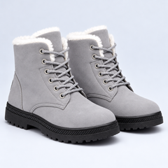 Bottines femme grises à lacets avec col effet fourrure et semelle crantée noire