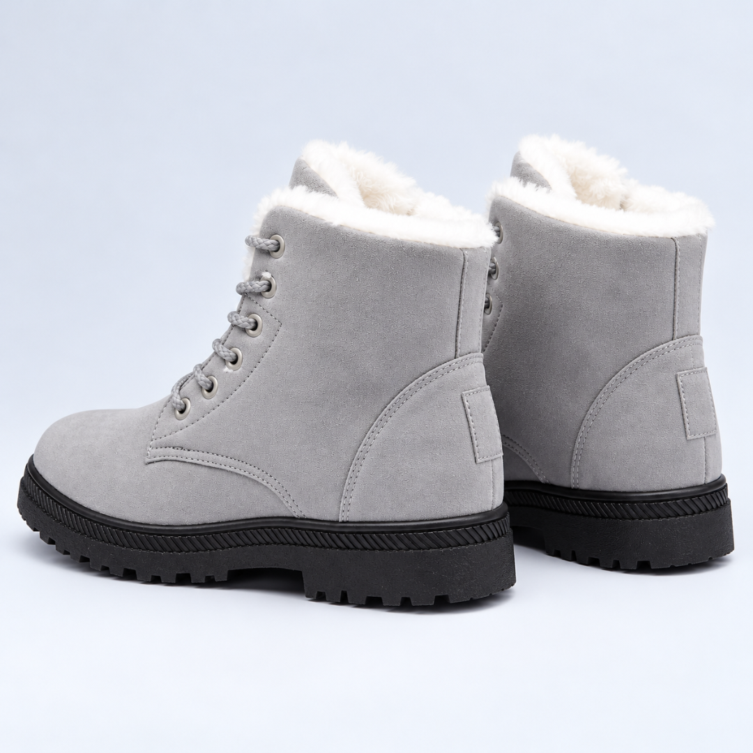 Arrière des bottines grises montrant la tige montante et le col effet fourrure