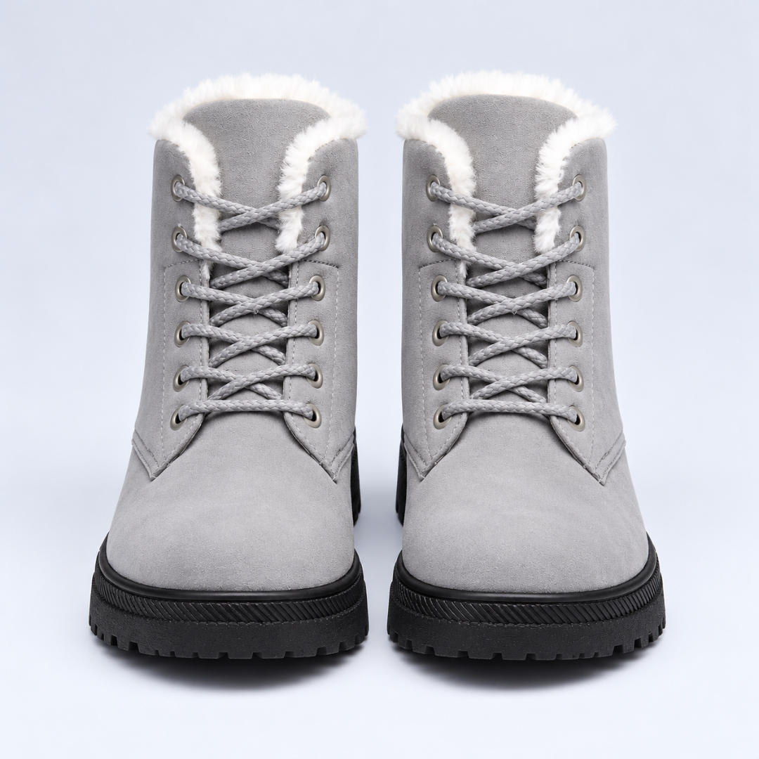 Vue de face des bottines grises avec laçage croisé et bout rond