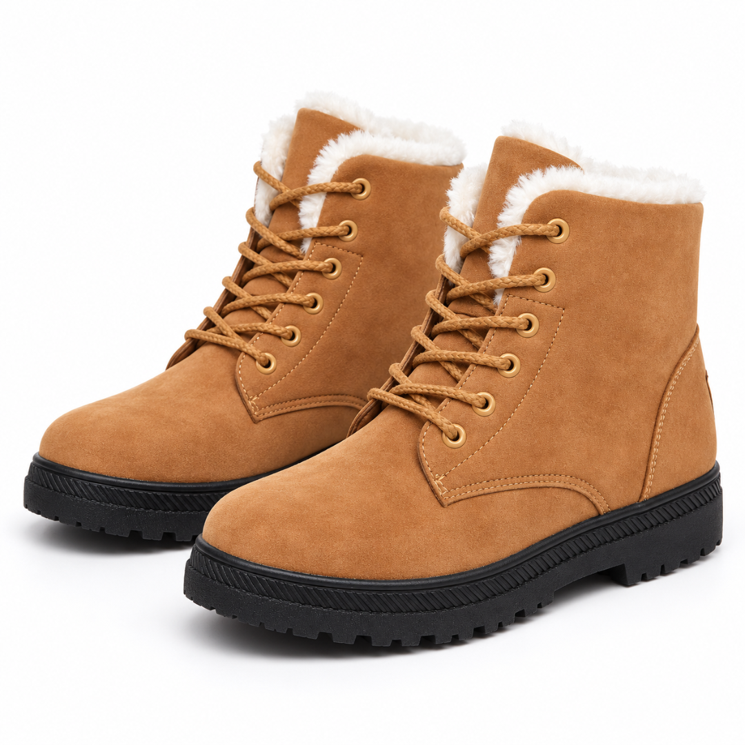 Bottines femme marron à lacets, col effet fourrure crème et semelle crantée