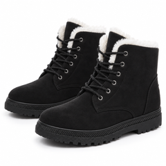 Bottines femme noires à lacets avec col effet fourrure clair et bout rond