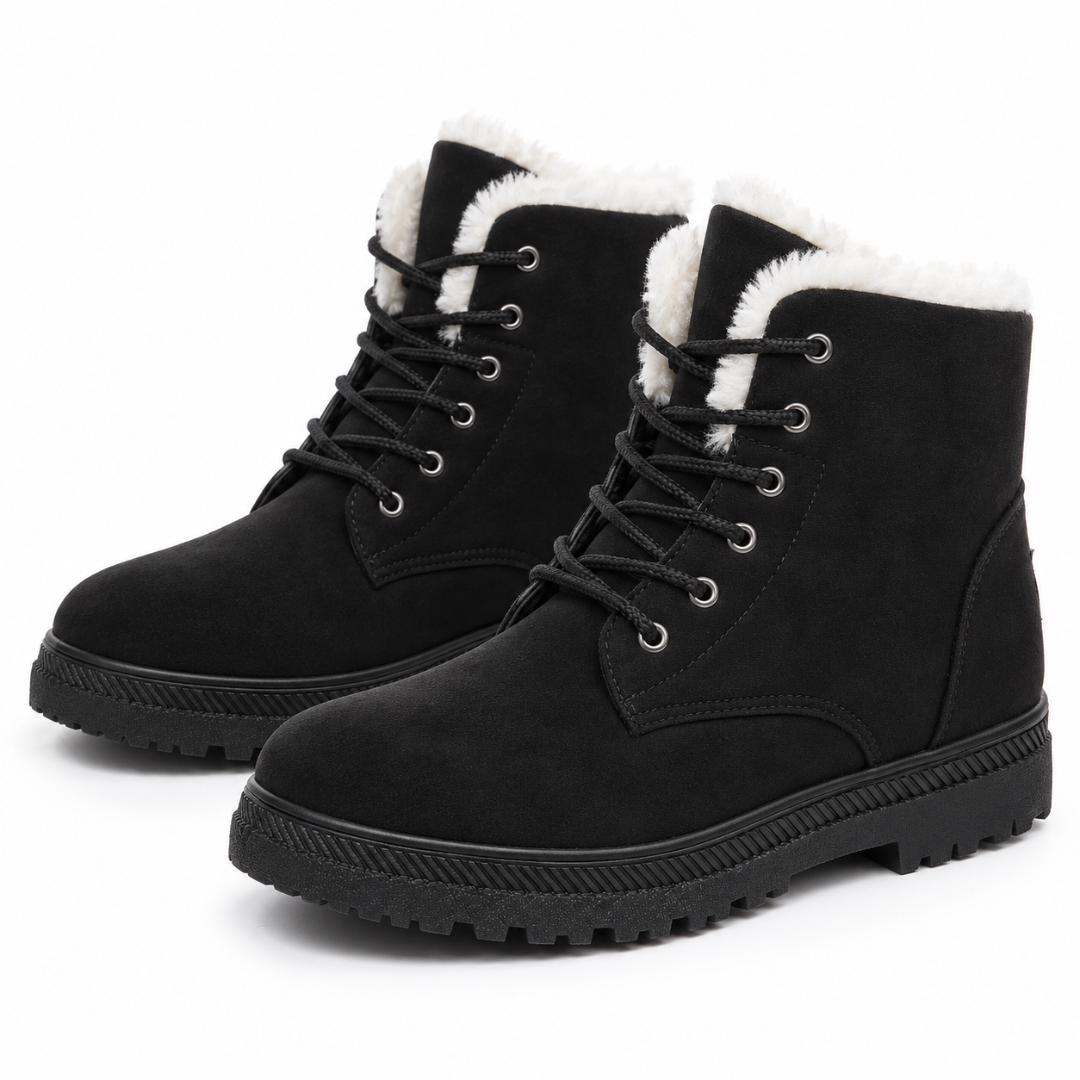 Bottines femme noires à lacets avec col effet fourrure clair et bout rond