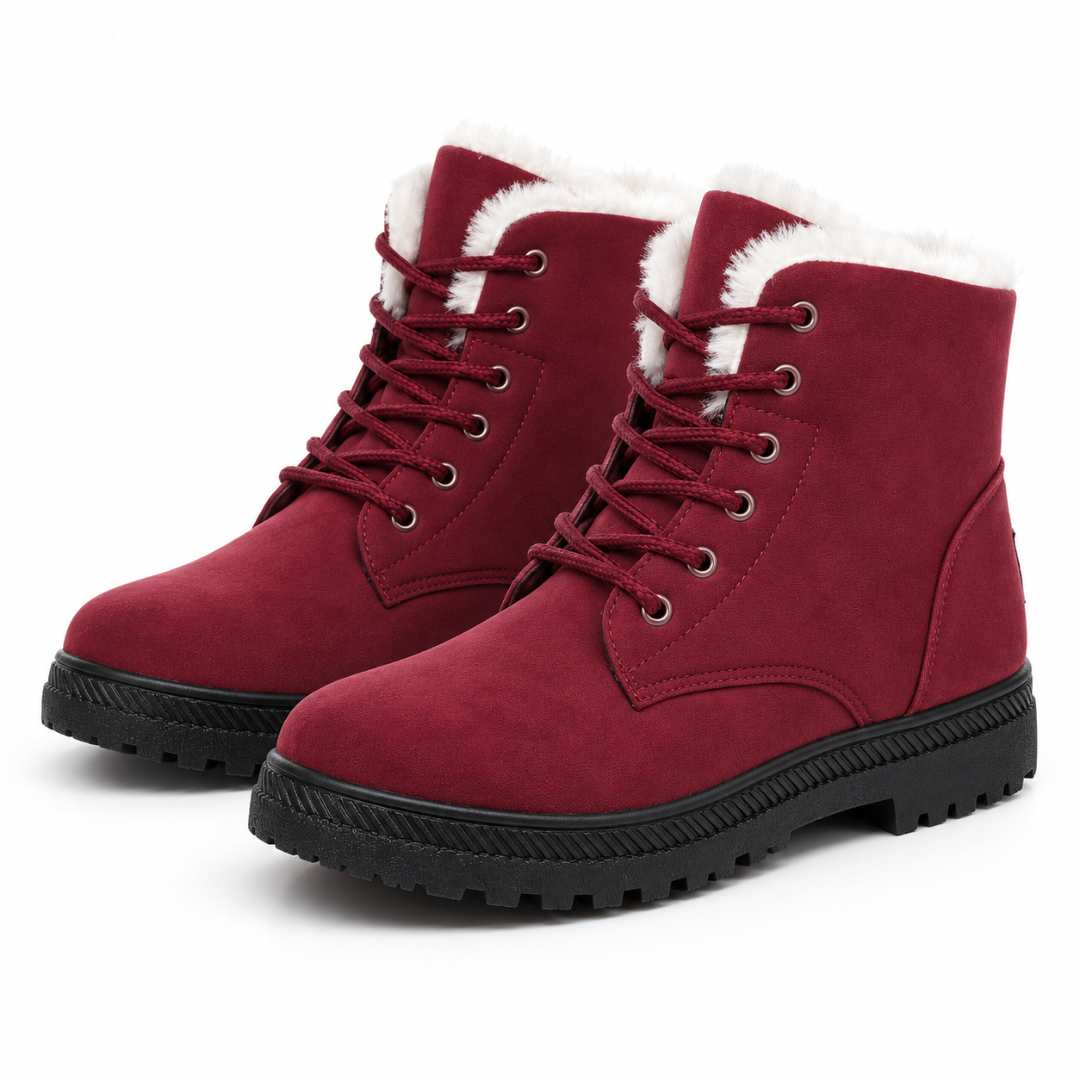 Bottines femme rouges à lacets avec col effet fourrure et épaisse semelle noire