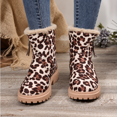 Bottines femme imprimé léopard avec col effet fourrure, vue de face