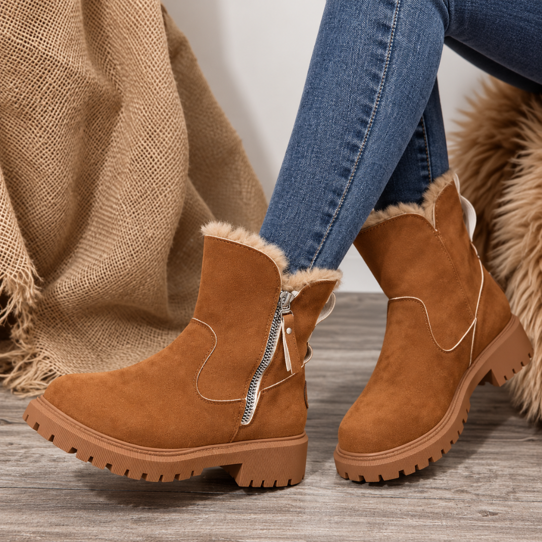 Bottines femme marron portées avec un pantalon bleu, zip latéral sur la tige