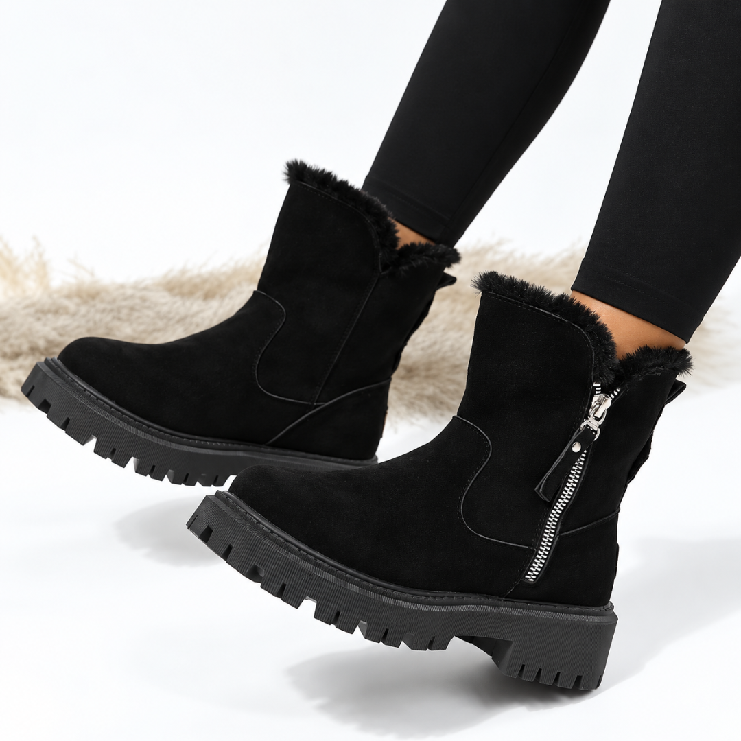 Bottines femme noires à col effet fourrure et semelle crantée épaisse