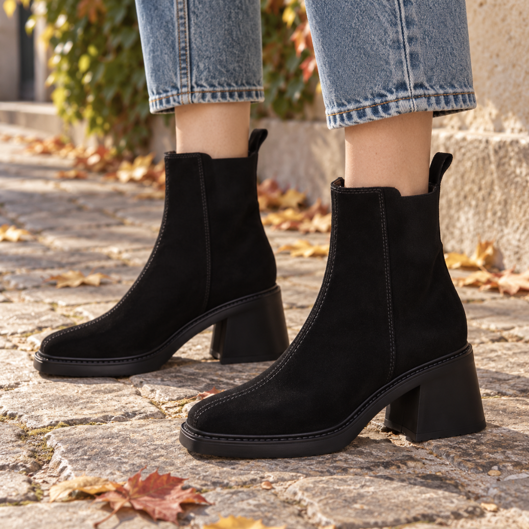 Bottines noires montantes à la cheville avec tirant au talon et plateforme