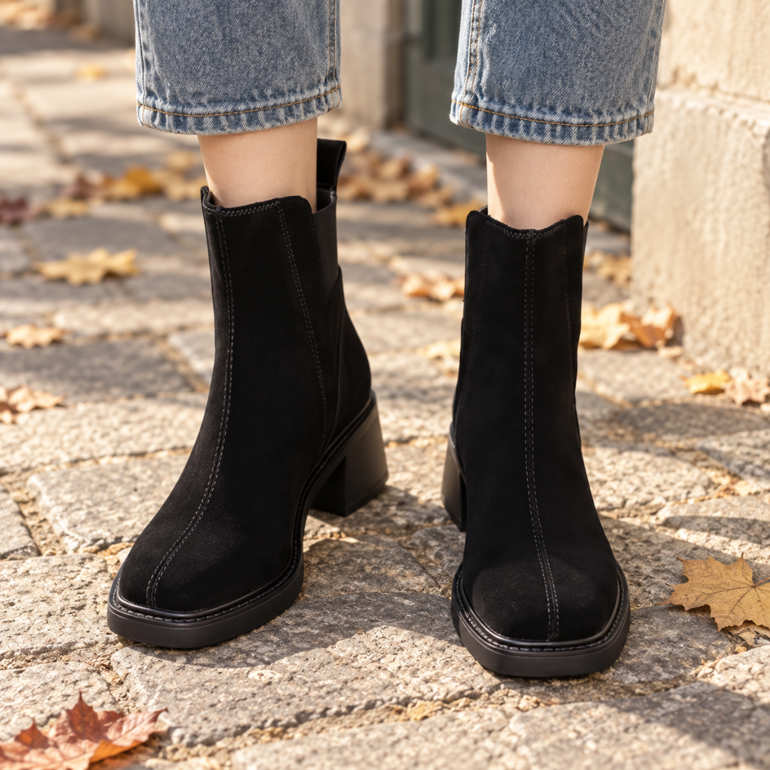 Bottines femme noires effet daim mat portées avec un pantalon bleu clair