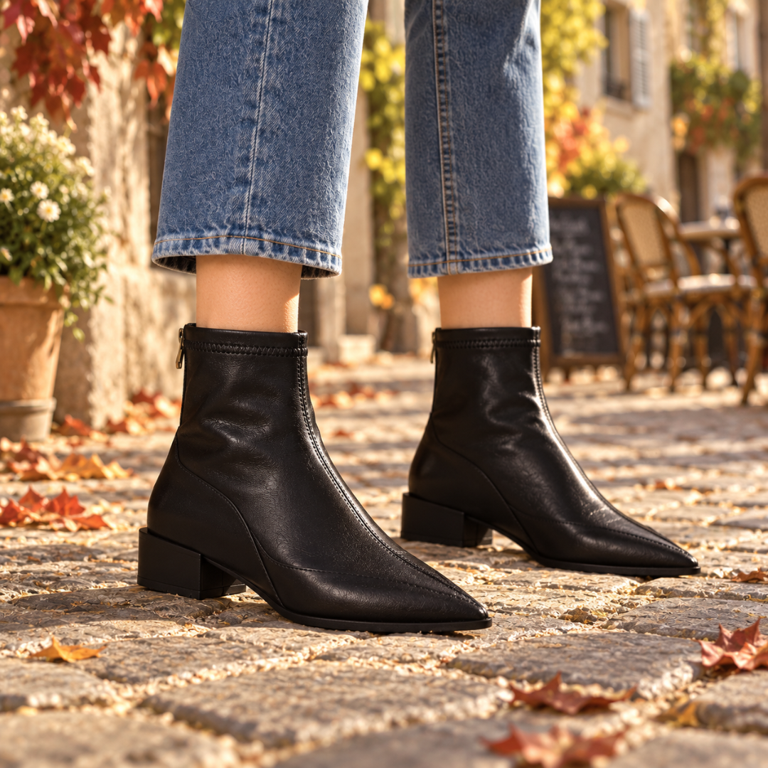 Bottines noires à bout pointu et talon carré portées avec un pantalon droit