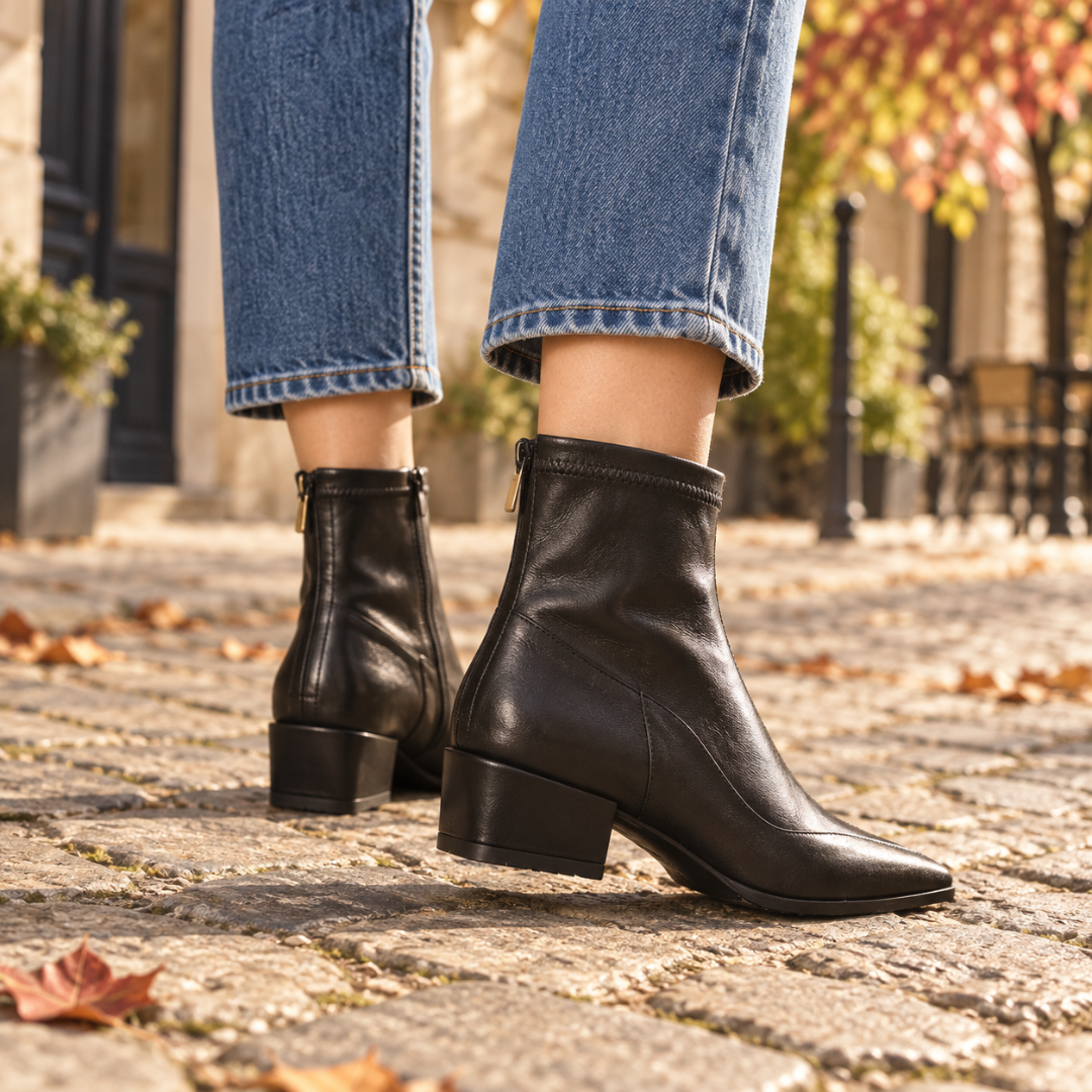 Bottines noires vues de dos avec fermeture zippée et tirette dorée