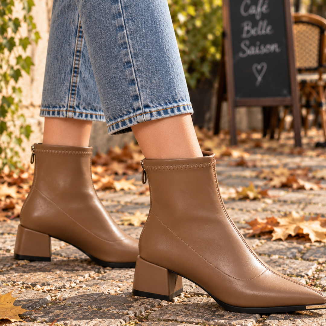 Bottines camel portées avec un pantalon clair, talon carré bien visible de profil