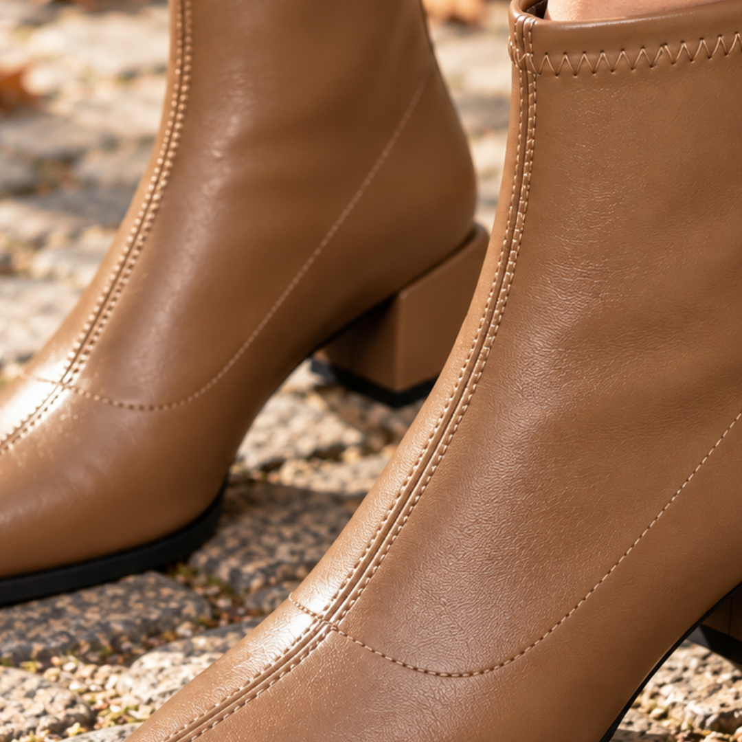 Gros plan des bottines camel montrant les surpiqûres et le talon carré