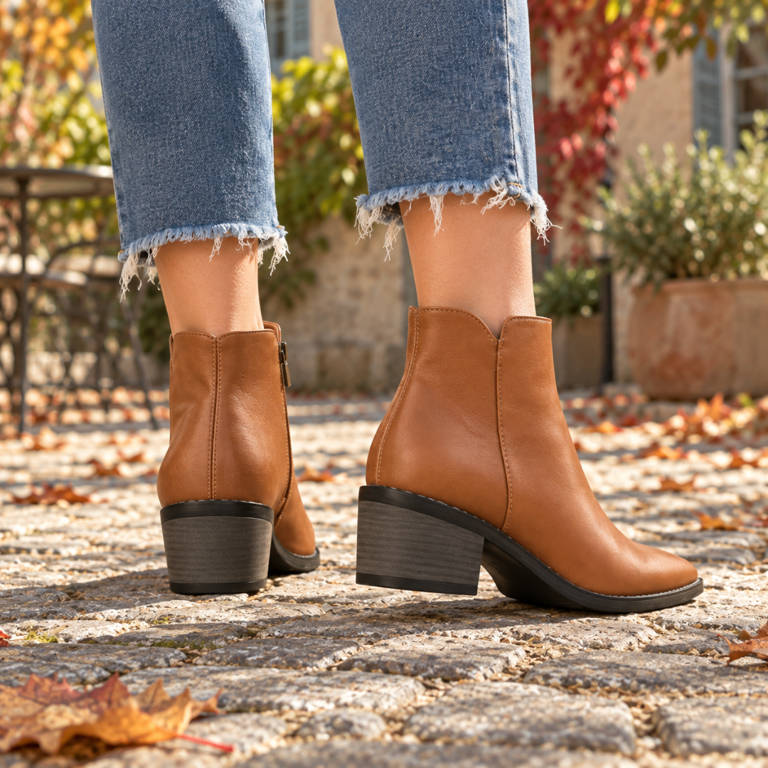 Vue arrière des bottines marron montrant le talon carré empilé et la tige courte