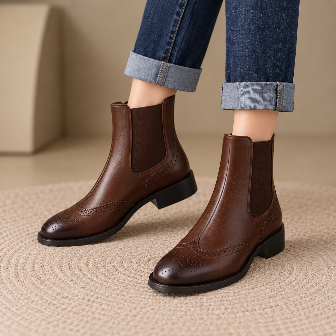 Bottines Chelsea marron à perforations brogue et talon bloc, portées avec un pantalon à revers