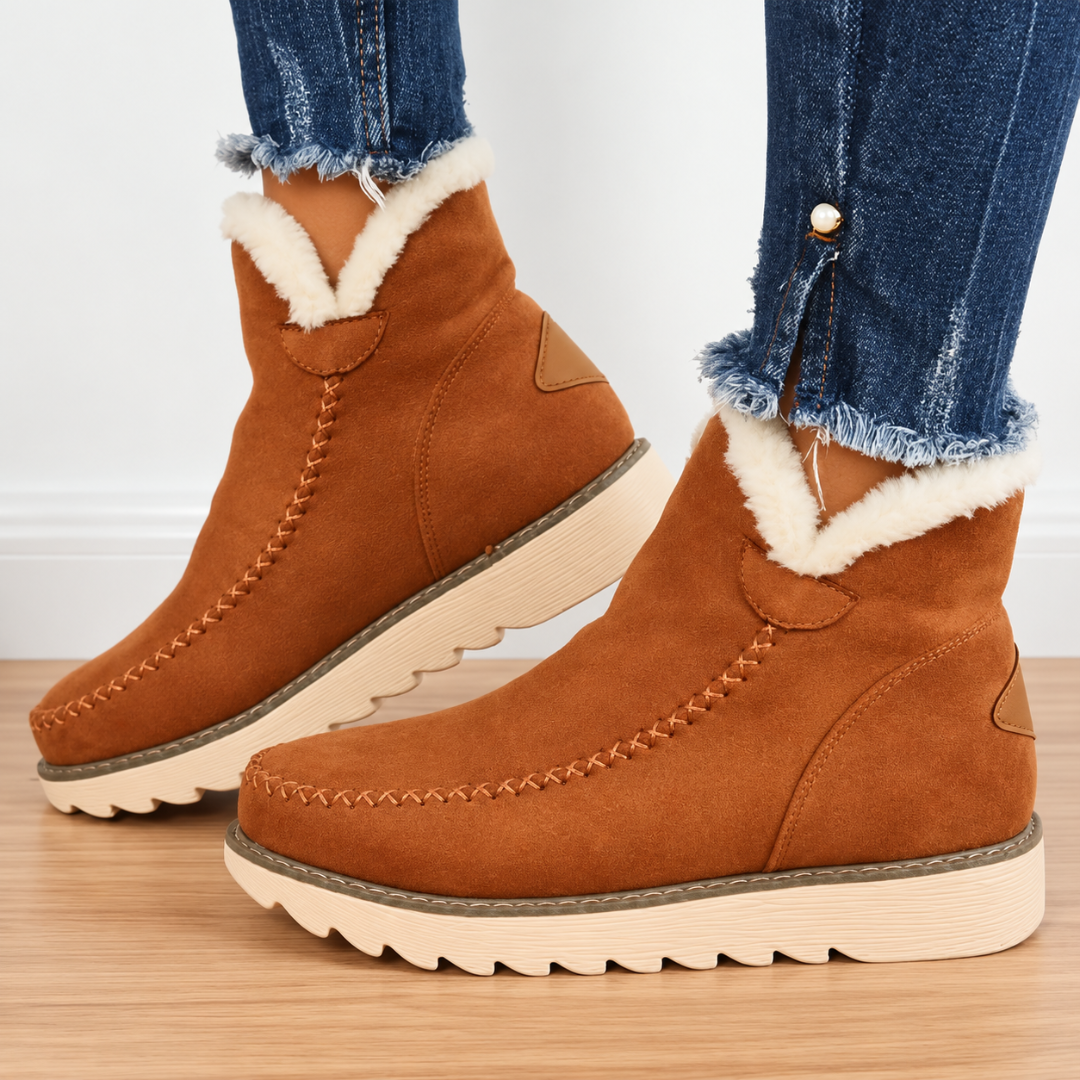 Bottines marron compensées à col effet fourrure crème et surpiqûres ton sur ton