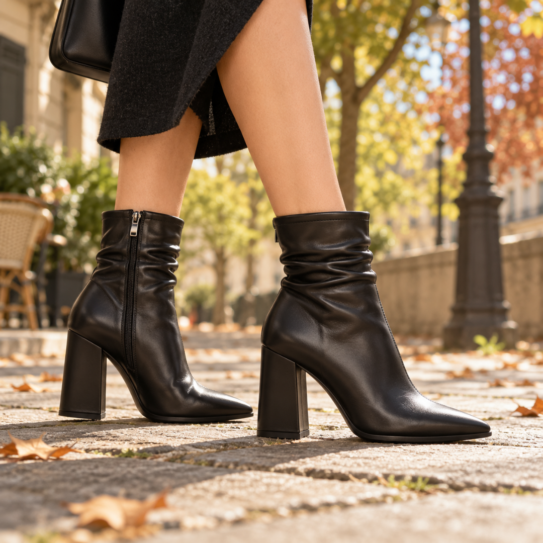 Bottines noires à talon bloc carré, plis souples sur la cheville, vue latérale
