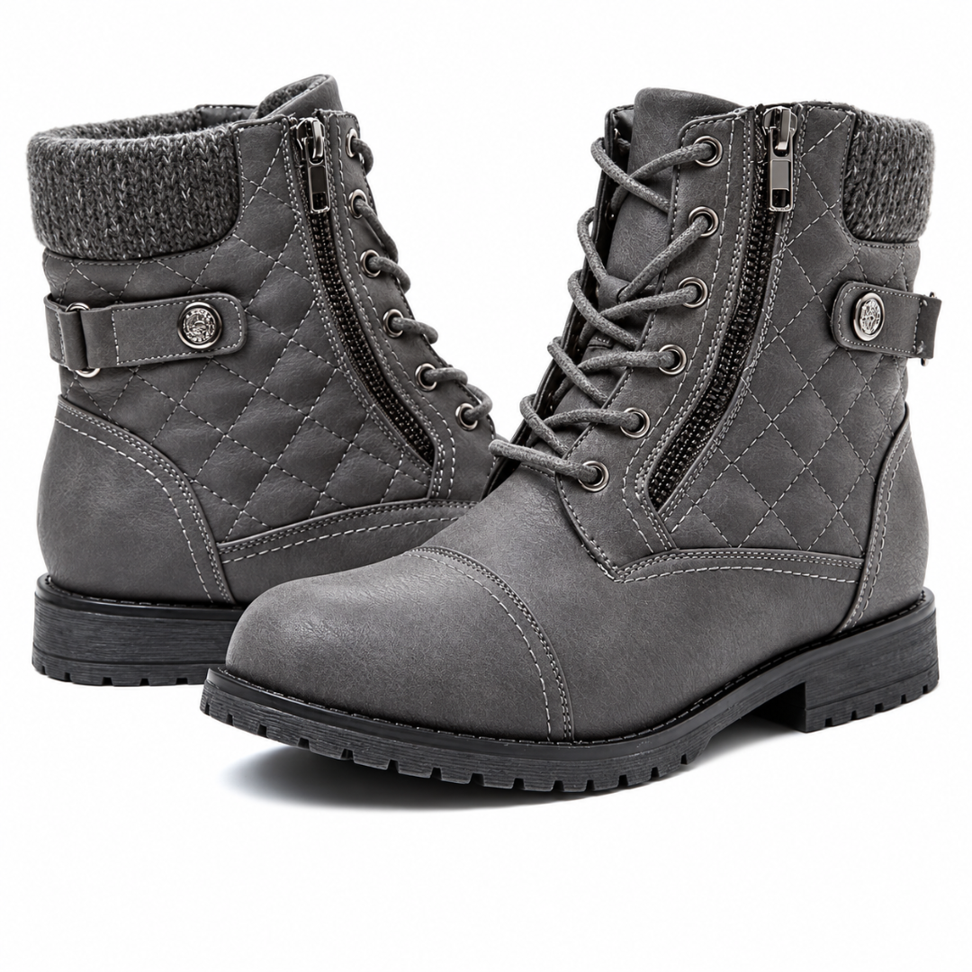 Bottines femme grises matelassées avec zip latéral et revers côtelé contrasté