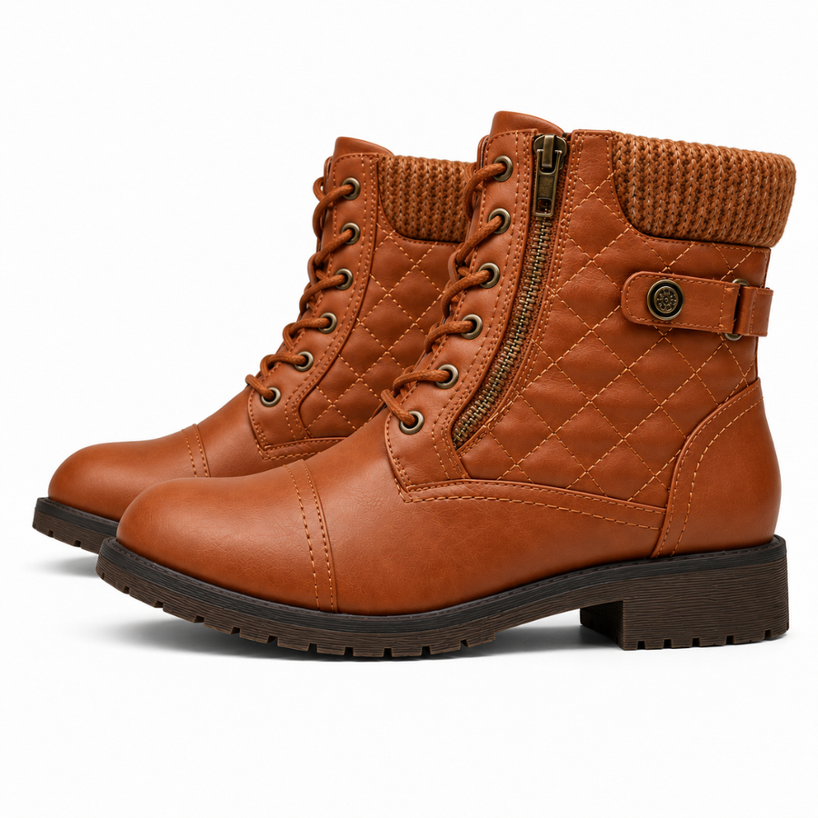 Bottines femme marron matelassées de profil avec zip latéral et semelle crantée