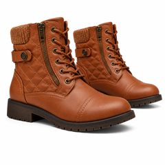 Bottines femme marron de trois quarts, tige matelassée à losanges et bout surpiqué
